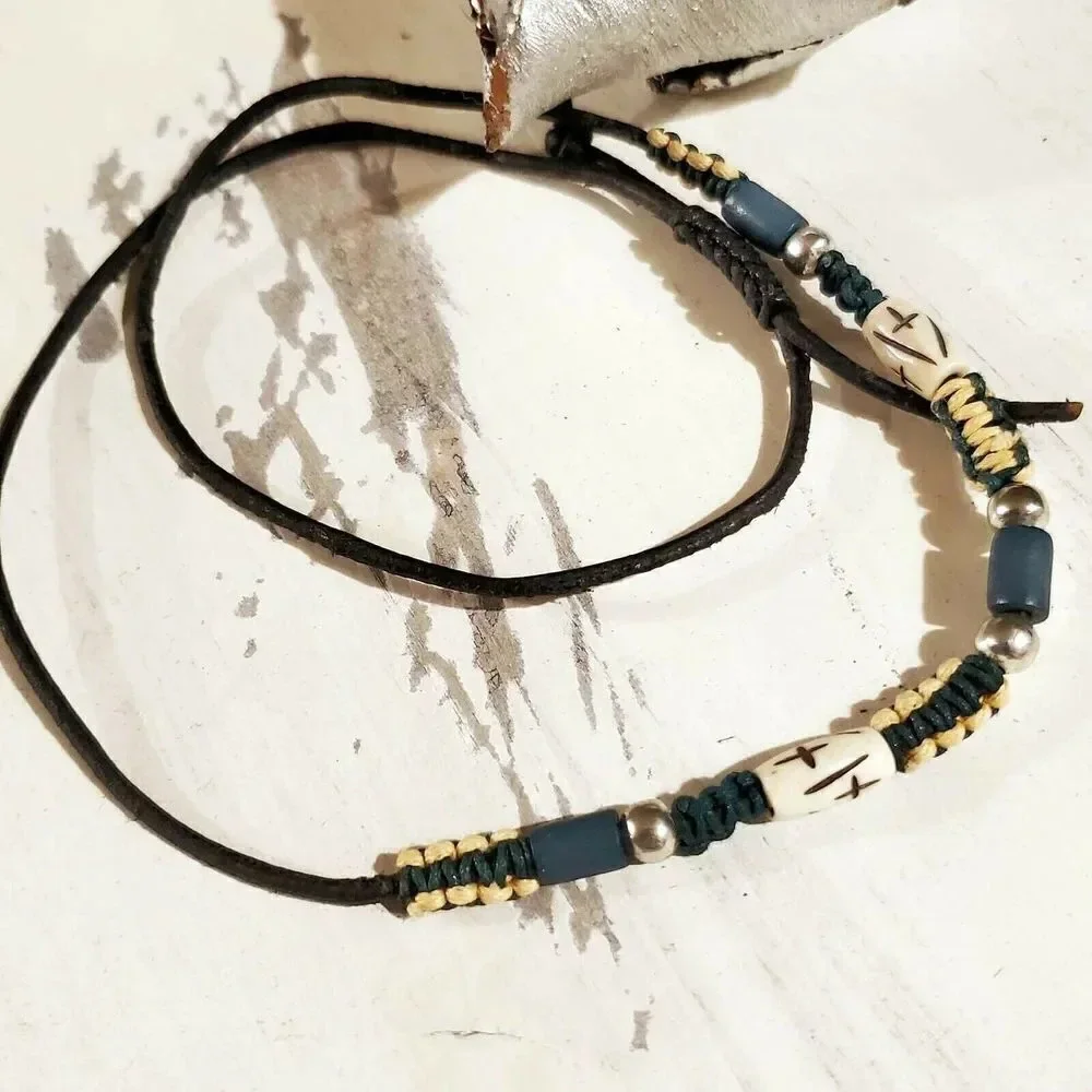 Hand Crafted India Tribal Black Blue Cream Silver Yak Bone Leather Necklace